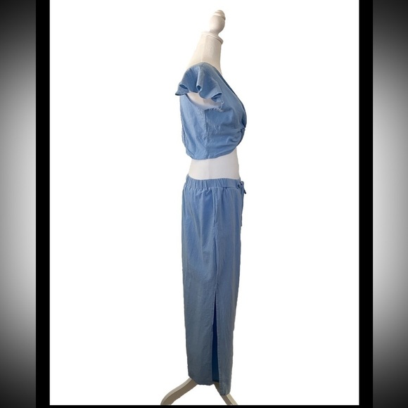 Shein 2 Piece Blue Crop 100% Cotton Summer Pant Set 8 / 10 - Picture 2 of 5